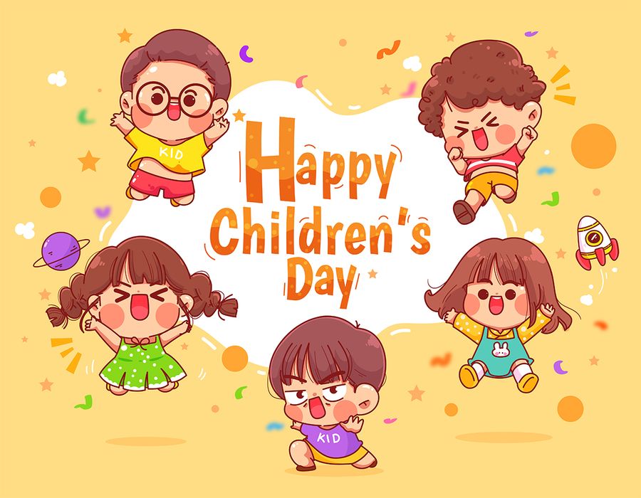 Mẫu poster trẻ em vui chơi cùng nhau chibi ngày lễ của trẻ CR856