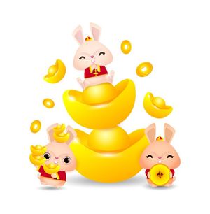 Ảnh đĩnh vàng, tiền vàng và thỏ ngọc 3D vector File số 071