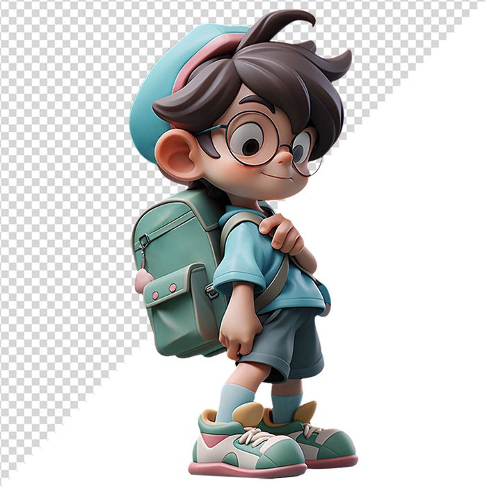 Hình ảnh bé trai đeo cặp sách, đội mũ vui vẻ 3D file PNG CR 826