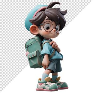 Hình ảnh bé trai đeo cặp sách, đội mũ vui vẻ 3D file PNG CR 826