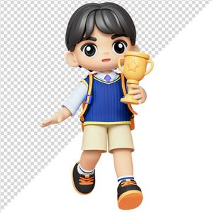 Hình ảnh bé trai đeo cặp sách cầm cúp vui vẻ 3D file PNG CR 823