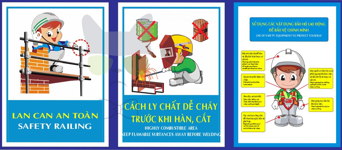 Biển lan can an toàn - cách ly chất dễ cháy trước khi hàn, cắt - sử dụng các vật dụng, bảo hộ lao động để bảo vệ chính mình file vector coreldraw