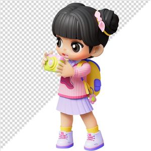 Hình ảnh bé gái đeo cặp sách vui vẻ dễ thương 3D file PNG CR 819
