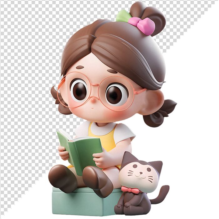 Hình ảnh bé gái ngồi cầm sách vui vẻ dễ thương 3D file PNG CR 822