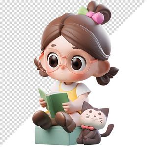 Hình ảnh bé gái ngồi cầm sách vui vẻ dễ thương 3D file PNG CR 822