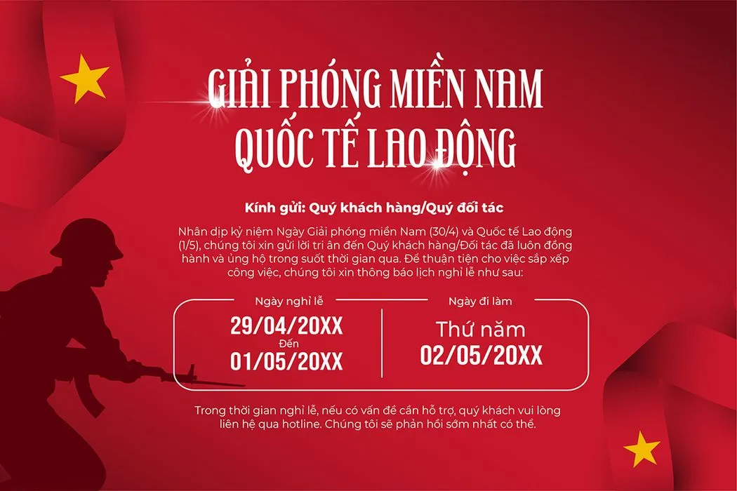 Baner thông báo nghỉ lễ chào mừng ngày giải phóng miền Nam nền đỏ File AI 0040