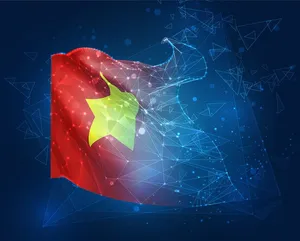 Ảnh cờ Việt Nam tung bay nền màu xanh với giao điện HUD File AI 092