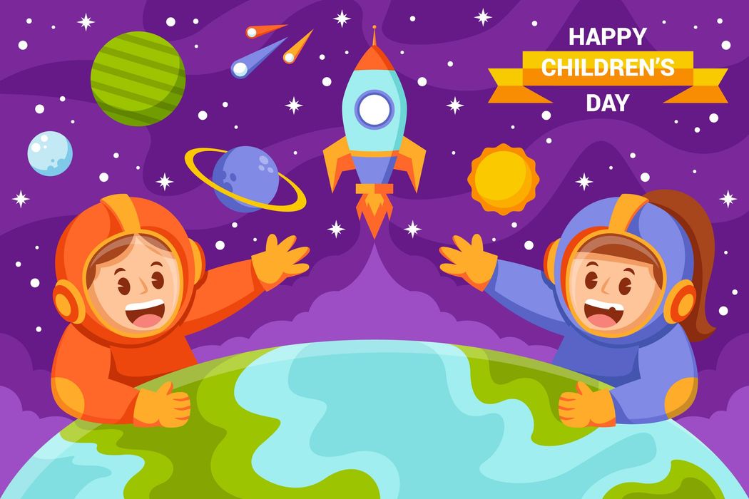 Mẫu banner, background trẻ em vui chơi ngoài vũ trụ ngày lễ thiếu nhi vector CR815