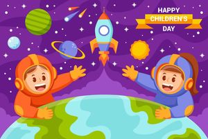 Mẫu banner, background trẻ em vui chơi ngoài vũ trụ ngày lễ thiếu nhi vector CR815