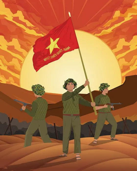 Ảnh minh họa vẽ tay 3 chú bộ đội vung cờ Việt Nam chào mừng chiến thắng - File AI 031