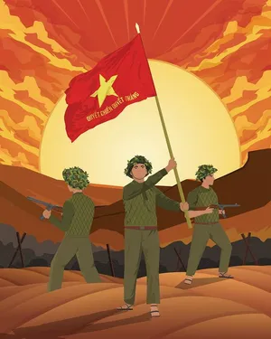 Ảnh minh họa vẽ tay 3 chú bộ đội vung cờ Việt Nam chào mừng chiến thắng - File AI 031