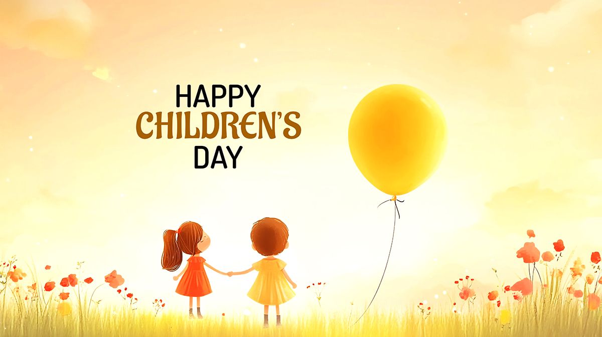 Ảnh banner trẻ vui chơi trên đồng cỏ hoa ngắm hoàng hôn mừng ngày lễ của trẻ - CR1160