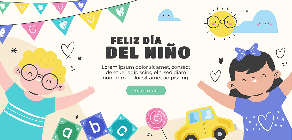 Mẫu banner trẻ em vui chơi trên mây cùng cầu vồng mừng ngày lễ thiếu nhi vector CR806