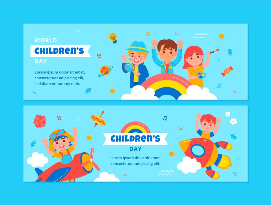 Mẫu 2 banner, background trẻ vui chơi trên bầu trời mừng ngày lễ của trẻ - CR1090