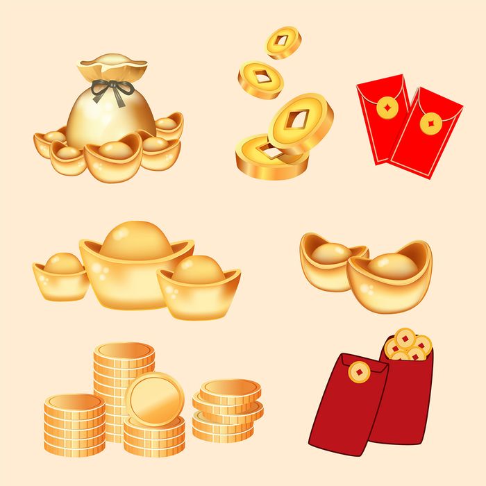 Bộ sưu tập phần tử đĩnh vàng, tiền vàng, túi vàng, bao lì xi 3D File số 078