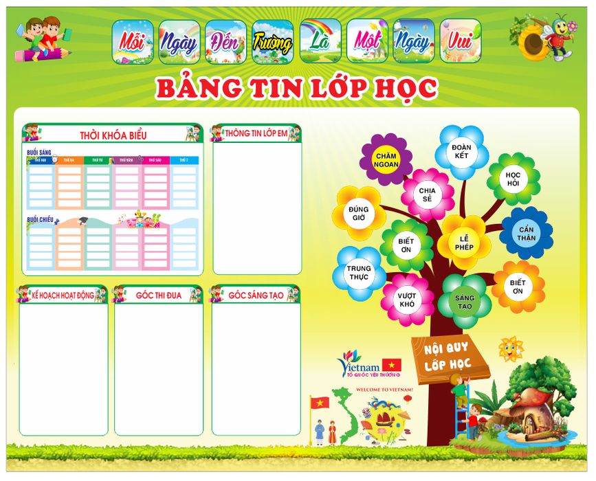 Bảng tin lớp học bảng trang trí, cây nội quy lớp tiểu học – File Corel