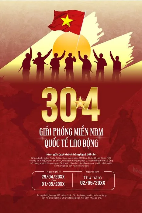 Thông báo nghĩ lễ mừng ngày giải phóng miền Nam 30-04 nền đỏ sang trọng File AI 0084