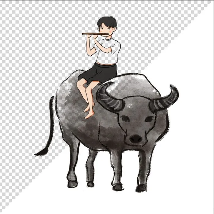 Ảnh vẽ cậu bé cưỡi trâu thổi sáo phong cách vẽ tay file PNG 049