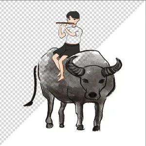 Ảnh vẽ cậu bé cưỡi trâu thổi sáo phong cách vẽ tay file PNG 049