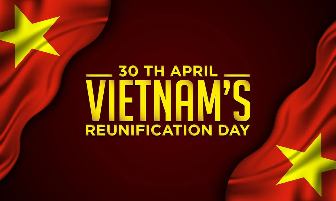 Banner chào mừng ngày giải phóng miền Nam 30-04 nền đỏ thẫm cờ đỏ sao vàng File AI 0087