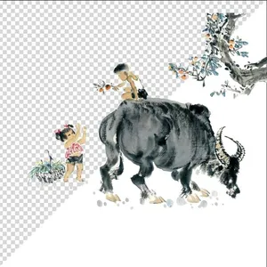 Ảnh vẽ cậu bé cưỡi trâu phong cách vẽ tay file PNG 036