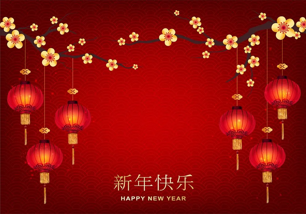 Mẫu Background đèn lồng treo trên hoa đào mừng năm mới vector file AI CR009