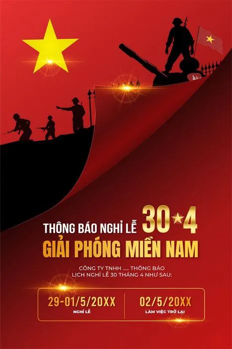 Thông báo nghỉ lễ ngày giải phóng miền Nam 30-04 nền cờ đỏ sao vàng File AI 0088