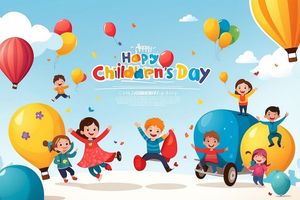 Mẫu thiệp banner, background trẻ em vui chơi cùng bóng bay ngày lễ của trẻ CR844