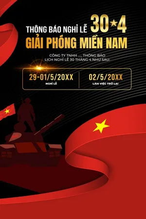 Thông báo nghỉ lễ ngày giải phóng miền Nam 30-04 nền đen cờ đỏ sao vàng File AI 0089