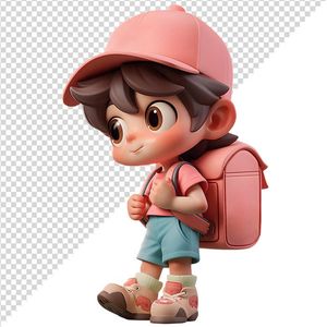 Hình ảnh bé trai đeo cặp sách, đội mũ vui vẻ 3D file PNG CR 825