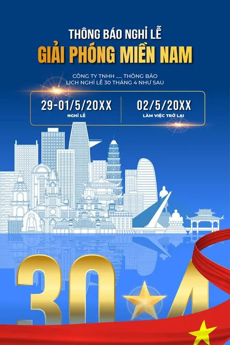 Poster thông báo nghỉ lễ chào mừng ngày giải phóng miền Nam tone màu xanh File AI 0021