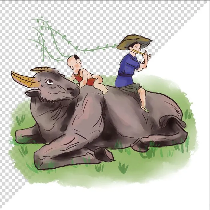 Ảnh vẽ cậu bé cưỡi trâu thổi sáo phong cách vẽ tay file PNG 051