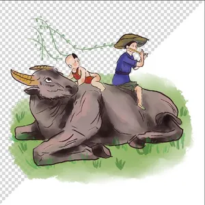 Ảnh vẽ cậu bé cưỡi trâu thổi sáo phong cách vẽ tay file PNG 051