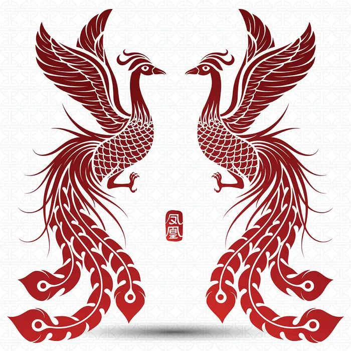 Mẫu hoa văn 2 phượng hoàng màu đỏ vector CR003