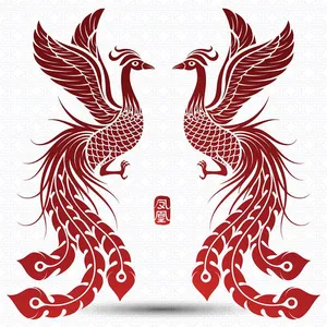 Mẫu hoa văn 2 phượng hoàng màu đỏ vector CR003