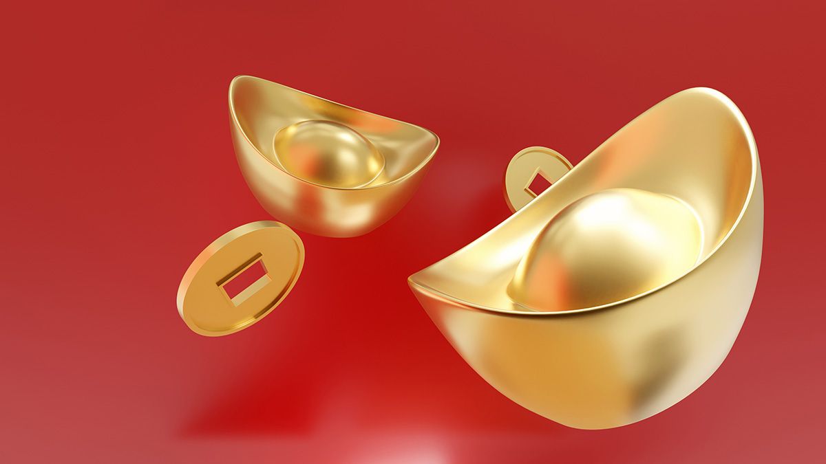 Ảnh tiền vàng, đĩnh vàng lớn sang trọng nền đỏ 3D File số 092