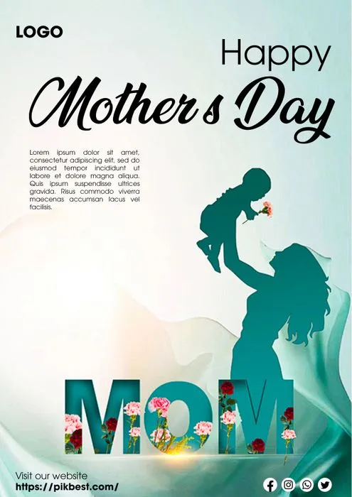 Poster mừng ngày của mẹ bóng mẹ bế con tone xanh File PSD 015