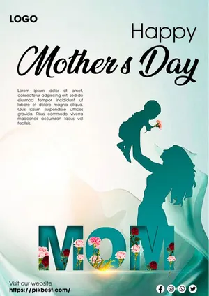 Poster mừng ngày của mẹ bóng mẹ bế con tone xanh File PSD 015