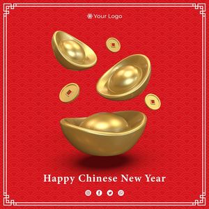 Mẫu poster 3 đĩnh vàng, tiền vàng lấp lánh nền đỏ vector File số 040