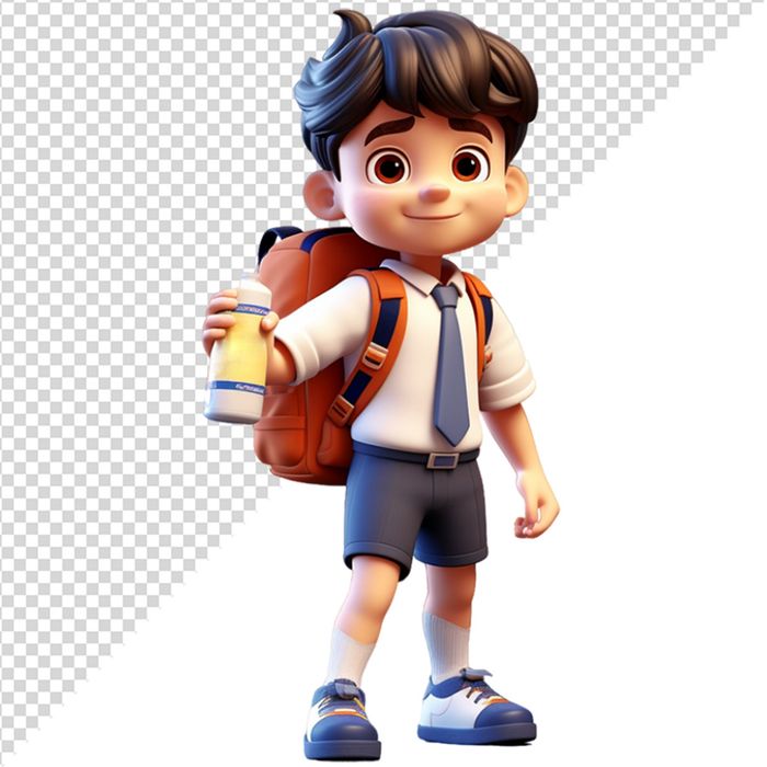 Hình ảnh bé trai đeo cặp 3D vui vẻ tới trường file PNG CR 802