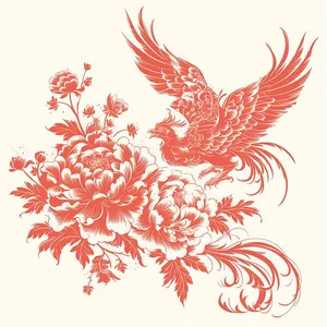 Mẫu ảnh minh họa phượng hoàng và hoa mẫu đơn màu cam vector CR043
