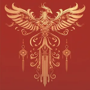 Mẫu ảnh minh họa chim phượng hoàng Indonesia màu vàng nền đỏ vector CR065