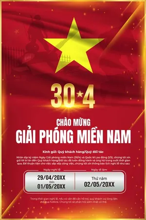 Poster thông báo nghỉ lễ chào mừng ngày giải phóng miền Nam 30-04 nền cờ đỏ sao vàng File AI 0044
