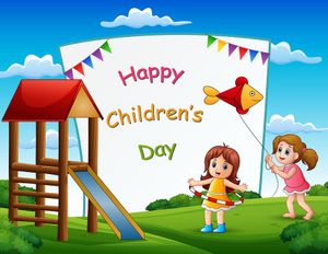 Mẫu banner, background trẻ vui chơi trên đồng cỏ mừng ngày thiếu nhi vector CR748