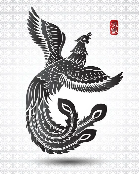 Mẫu hoa văn phượng hoàng màu đen vector CR004