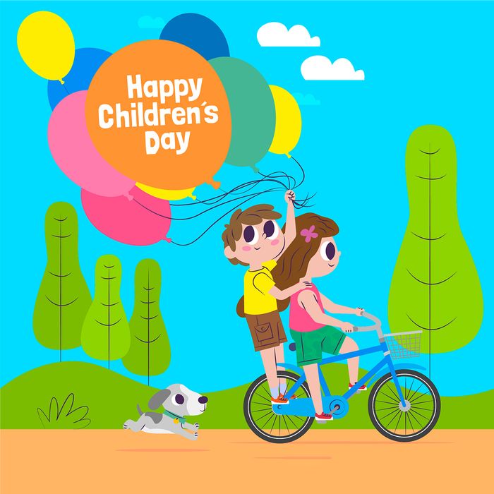 Mẫu poster trẻ vui đi xe đạp, cầm bóng bay mừng ngày lễ của trẻ - CR1132