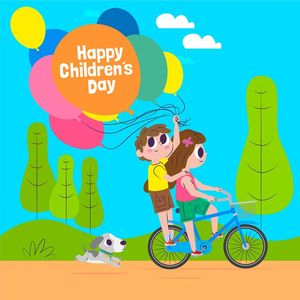 Mẫu poster trẻ vui đi xe đạp, cầm bóng bay mừng ngày lễ của trẻ - CR1132