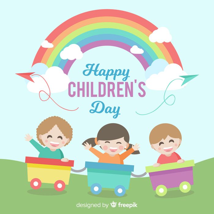 Ảnh poster trẻ vui chơi trên với cầu vồng ngày của trẻ vector CR636