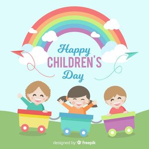Ảnh poster trẻ vui chơi trên với cầu vồng ngày của trẻ vector CR636